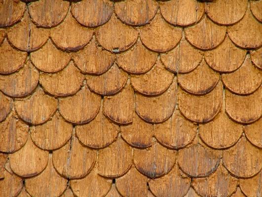Schuppenförmige goldbraune Schindeln, Detail einer Dachverkleidung