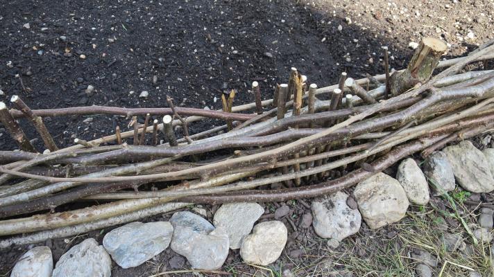 Zaun aus Haselnussstecken im 2019 errichteten Pfahlbaugarten Klagenfurt. 