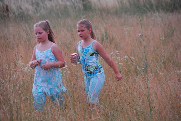 Zwei Mädchen in einer Blumenwiese suchen nach Tieren