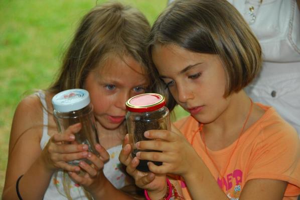 Naturbildung, zwei Mädchen beobachten Tiere in einem Glas