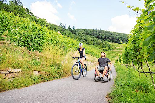 Barrierefreies Wandern © nullplus/Shutterstock Frau am Fahrrad und Mann im Rollstuhl beim barrierefreien Naturerleben