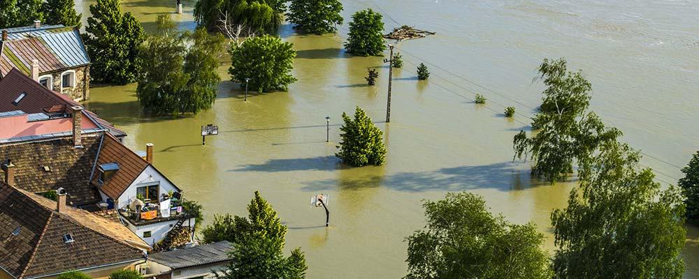 Überflutete Siedlung an der Donau, schlammiges Hochwasser, Gebäude und Bäume