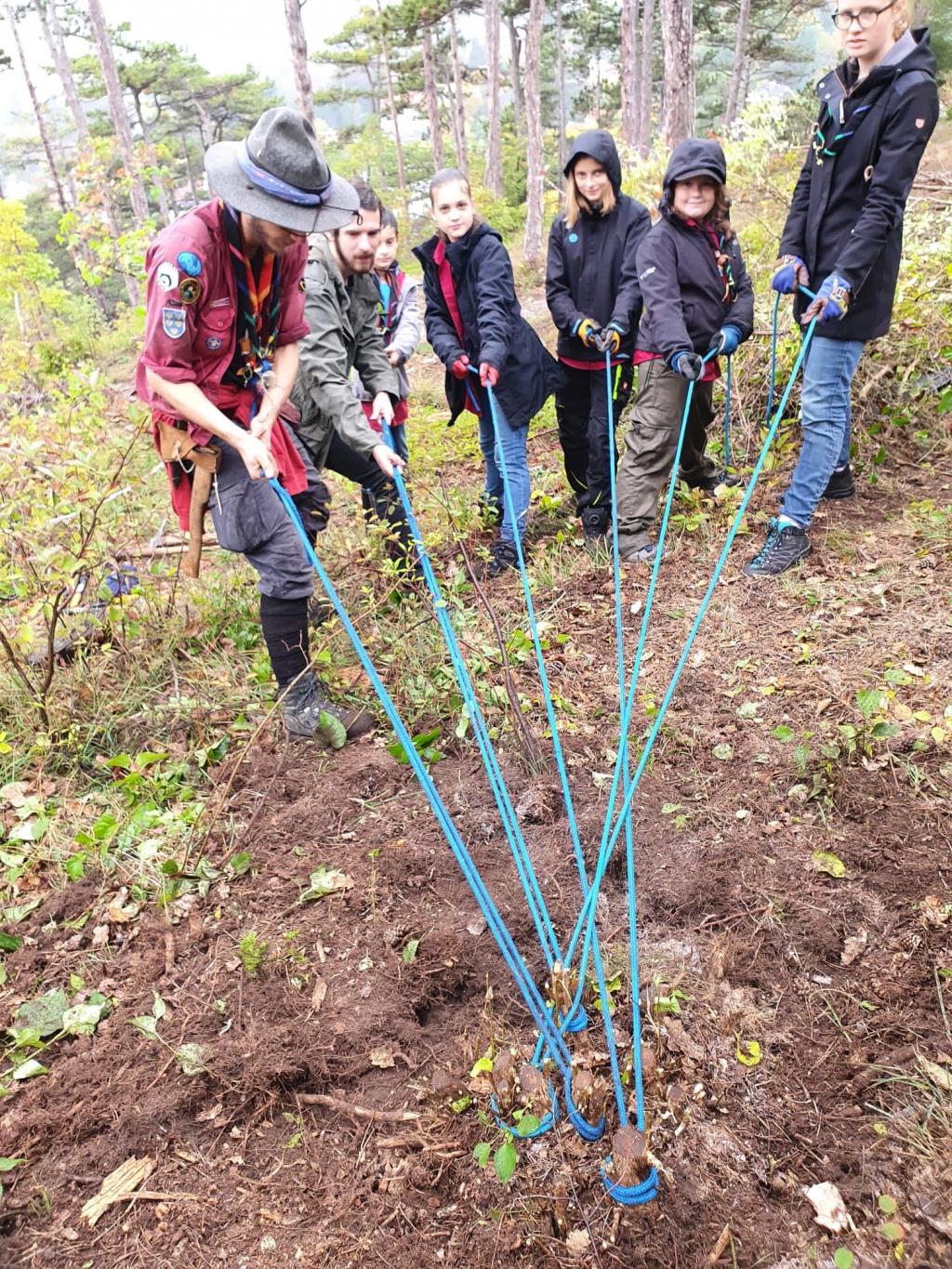 Auch die Pfadfinder:innen zählten 2022 zu den glücklichen Gewinner:innen des Changemaker #nature Awards © Matthias Wiedhalm Gruppe Jugendlicher zieht gemeinsam an Seilen