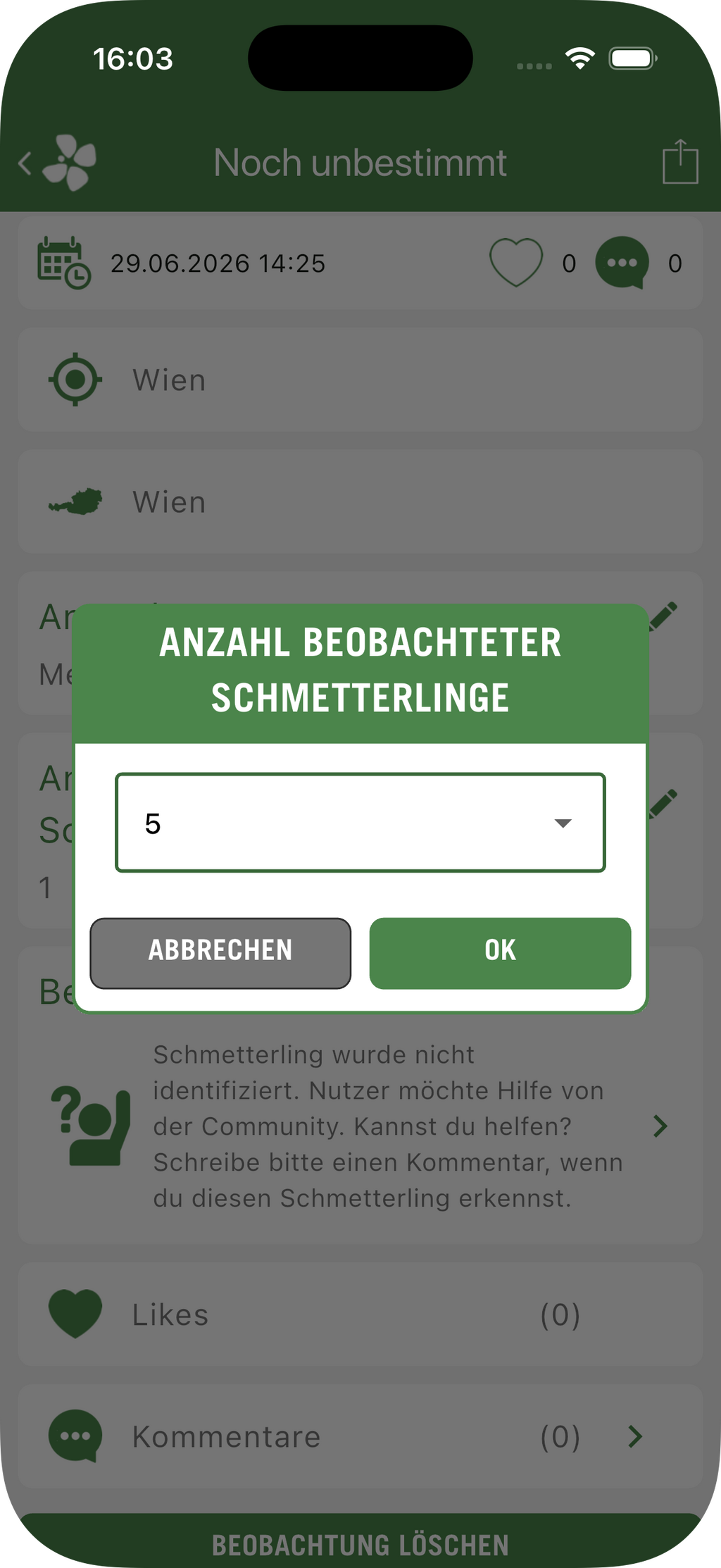 Bildschirmfoto der Schmetterlingszählung