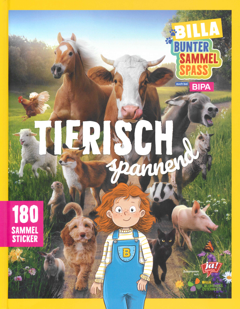 ganz kurz ein satz ohne bille  Ein buntes Cover eines Sammelsticker-Hefts mit dem Titel „TIERISCH spannend“, auf dem ein lächelndes Mädchen von vielen verschiedenen Tieren wie Pferd, Kuh, Fuchs und Schwein umgeben ist.