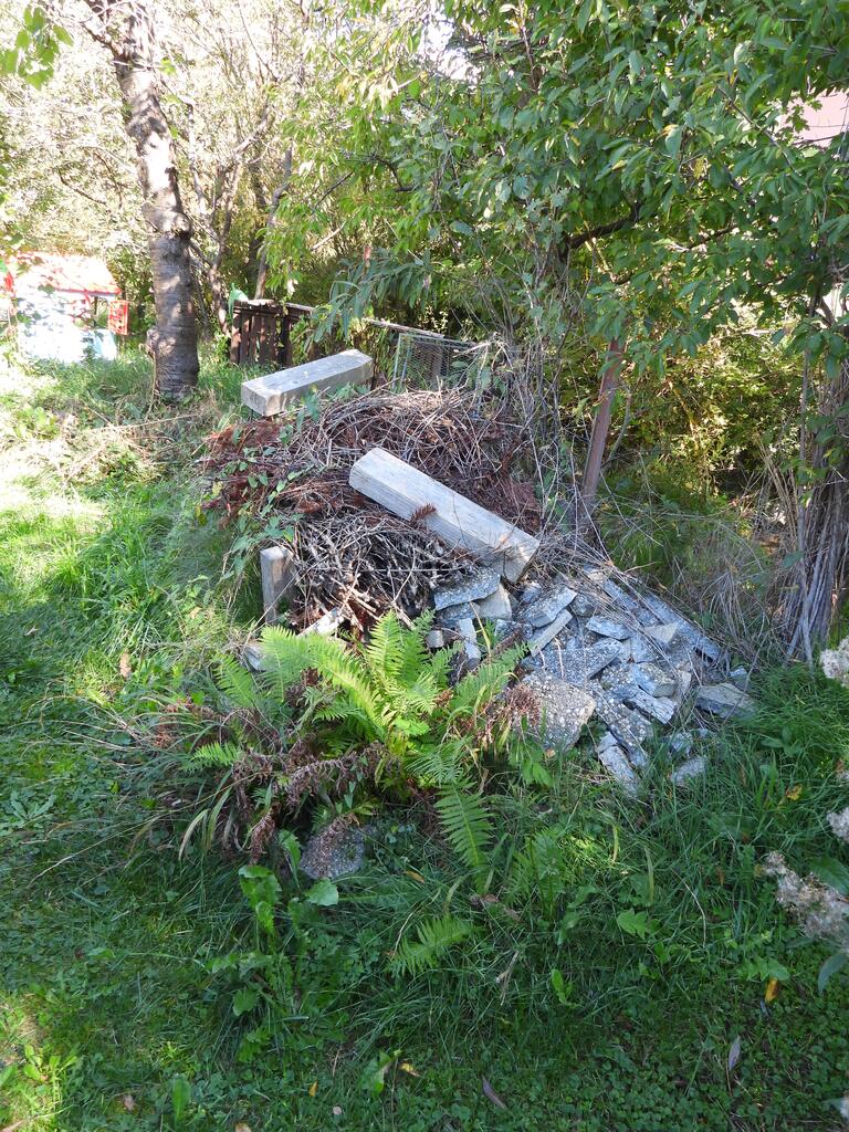 Dornen-Strauch und -Astschnittgut, zusammengehalten mit Pflöcken, SüdSonnenSteine, Zufluchtsort: Eidechsen, großen Lederkäfer, .... 