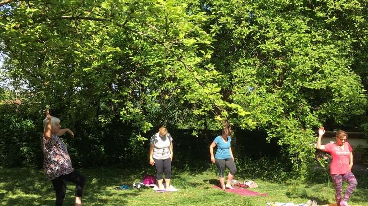 Yoga unter Obstbäumen