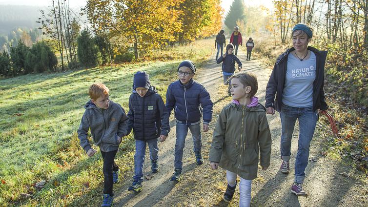 Eine Gruppe von Kindern entlang dem Weg durch herbstliche Wiesen am Waldrand.