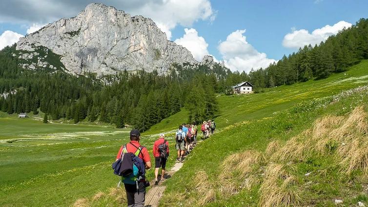 Auf ins Alm-Paradies! © NATURSCHAUSPIEL, Sabina Haslinger Eine Gruppe von Wanderern auf dem Weg zur Berghütte.