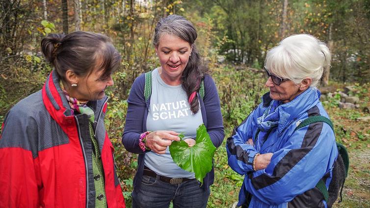 Naturgenuss am Almfluss © NATURSCHAUSPIEL, Thomas Reibnegger Maria Hageneder erklärt zwei Teilnehmerinnen die Eigenheiten eines Blattes.