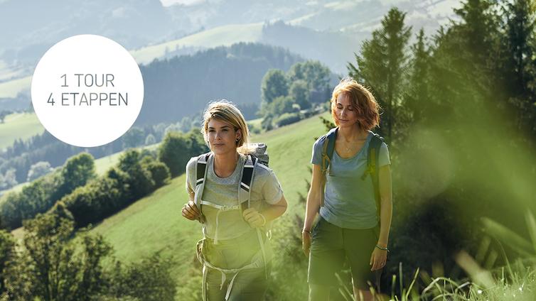 Zwei junge Frauen wandern durch die grüne Hügellandschaft des Ennstales.