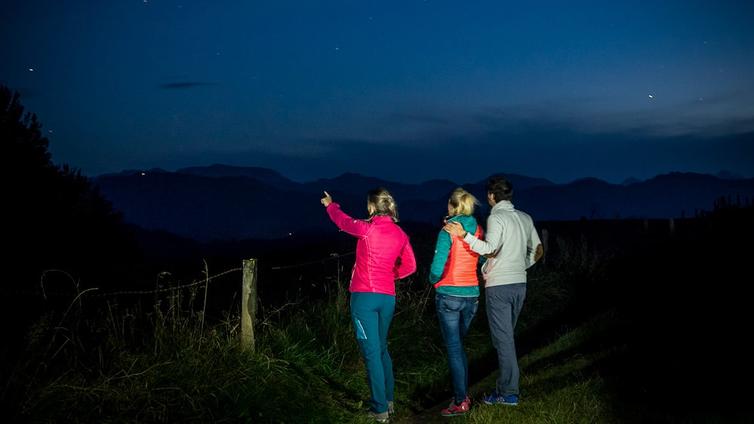 Die Natur der Nacht am Damberg © NATURSCHAUSPIEL, Rita Zwettler Drei Personen blicken in den Nachthimmel
