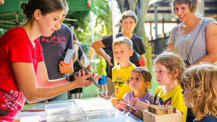 Erfahren Sie mehr über die heimische Natur © BPWW/N. Novak Gruppe bei einem Infostand mit Reptilien