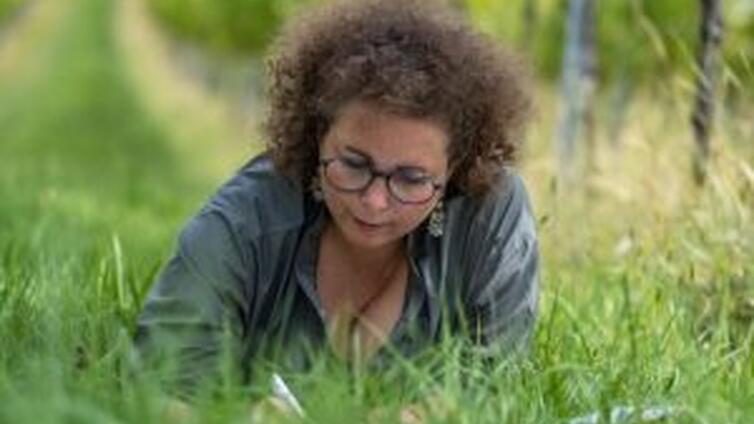 Heike beim Schreiben im hohen Gras