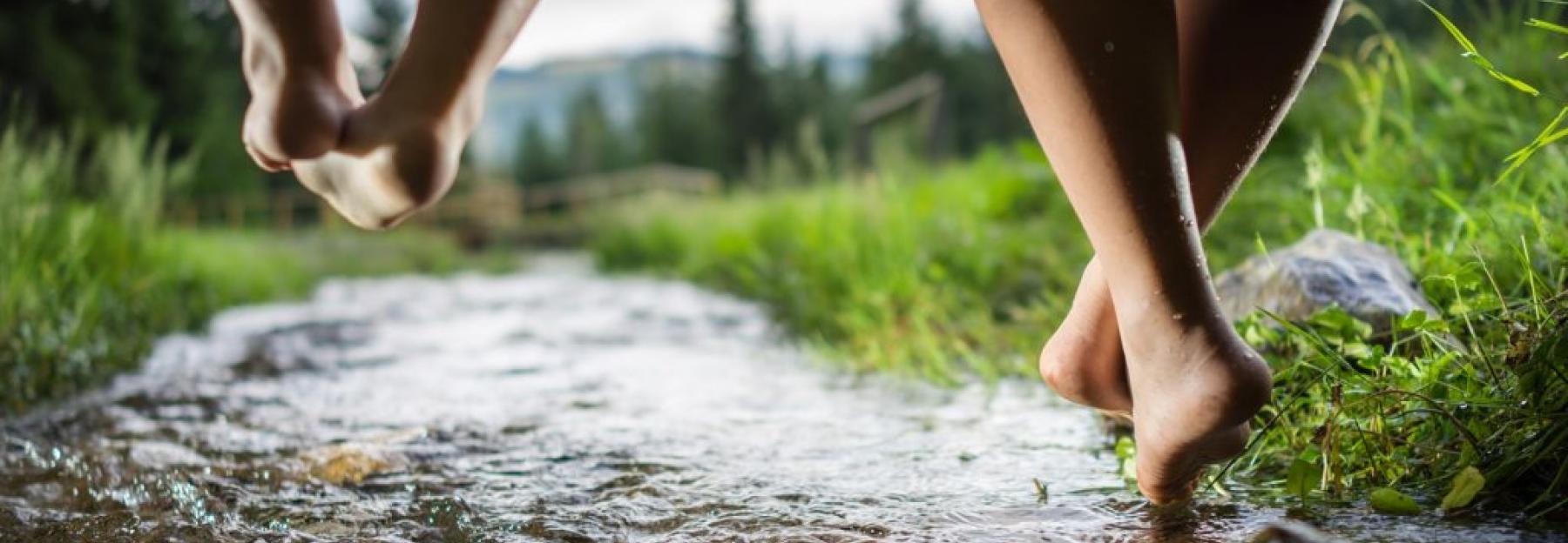 Kinder spielen in der Natur, auf einer Brücke über einem Bach