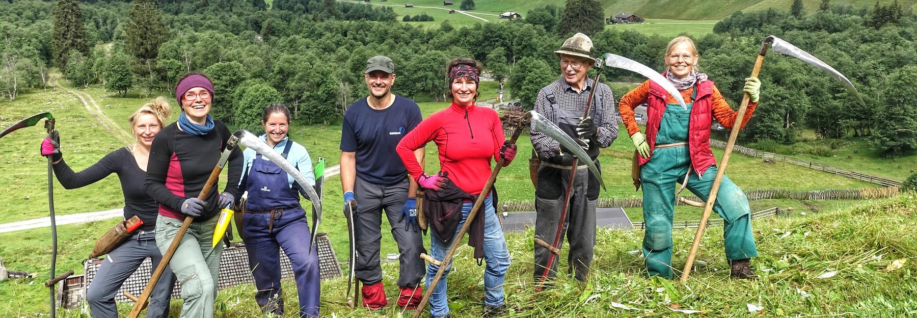 Sensenmäher*innen auf der Alm