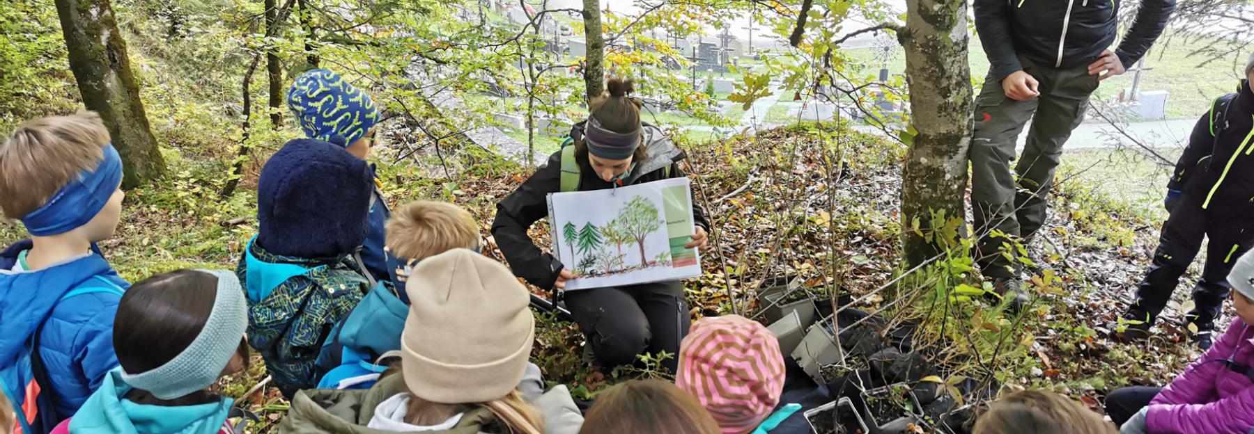 Gruppe von Volksschüler:innen im Wald