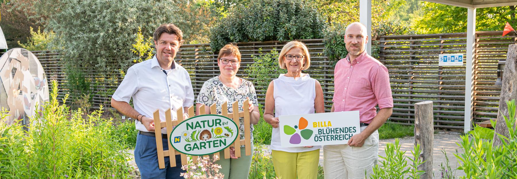 „Natur im Garten“ Geschäftsführer Matthias Wobornik und Christa Lackner, Landeshauptfrau Johanna Mikl-Leitner und Generalsekretär der BILLA Stiftung Blühendes Österreich Ronald Würflinger