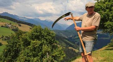 Mann mit Sense auf der Alm