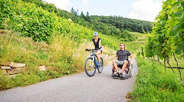 Frau am Fahrrad und Mann im Rollstuhl beim barrierefreien Naturerleben