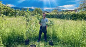 Clemens Schnaitl vom Naturpark mit seinen Schützlingen: Zwetschken-Jungbäume