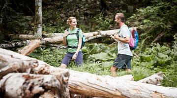 Eine Frau und ein Mann gehen durch einen Wald mit umgestürzten Baumstämmen