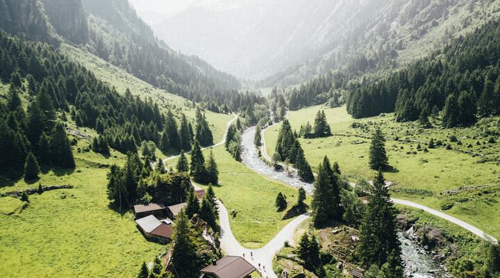 grünes Tal mit Fluss im Hintergrund Berge 