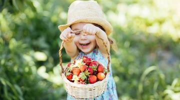 Erdbeeren in einem Korb von einem kleinen Mädchen