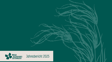 Ein dunkelgrünes Titelblatt mit einer Federgrasgrafik und einem Logo von Blühendes Österreich