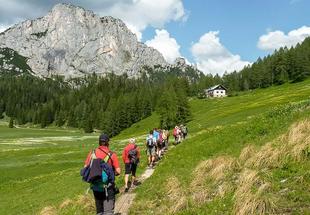 Eine Gruppe von Wanderern auf dem Weg zur Berghütte.