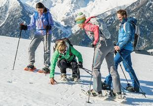 Vier Personen mit Schneeschuhen in eindrucksvoller Winterlandschaft.