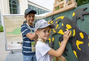 Zwei Kinder beim Lösen eines Feuersalamander-Holzpuzzles